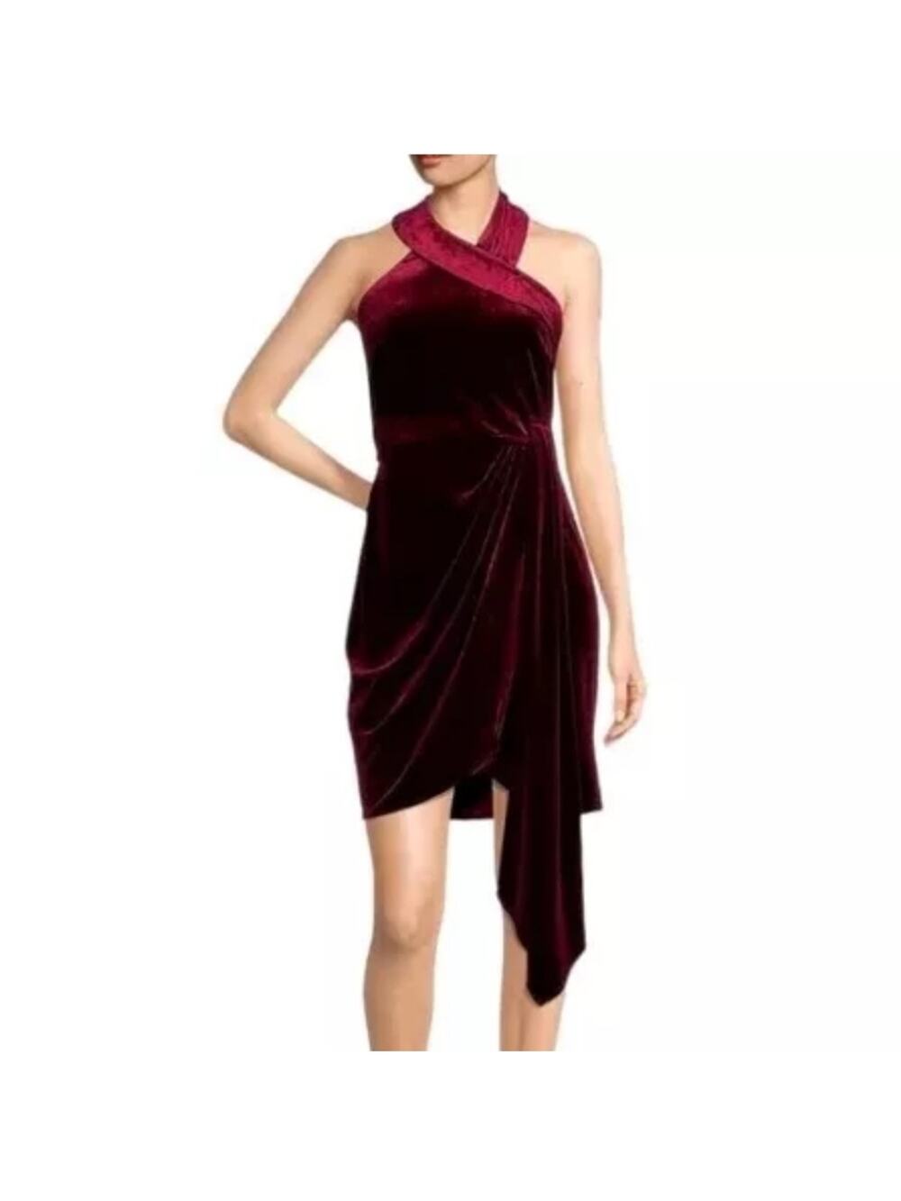 NWT Belle Badgley Mischka Jade Velvet Halter Neck Dress in Wine, 4